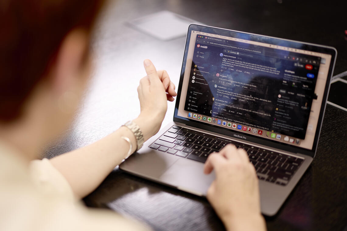 A photo of person on a laptop reading a reddit thread