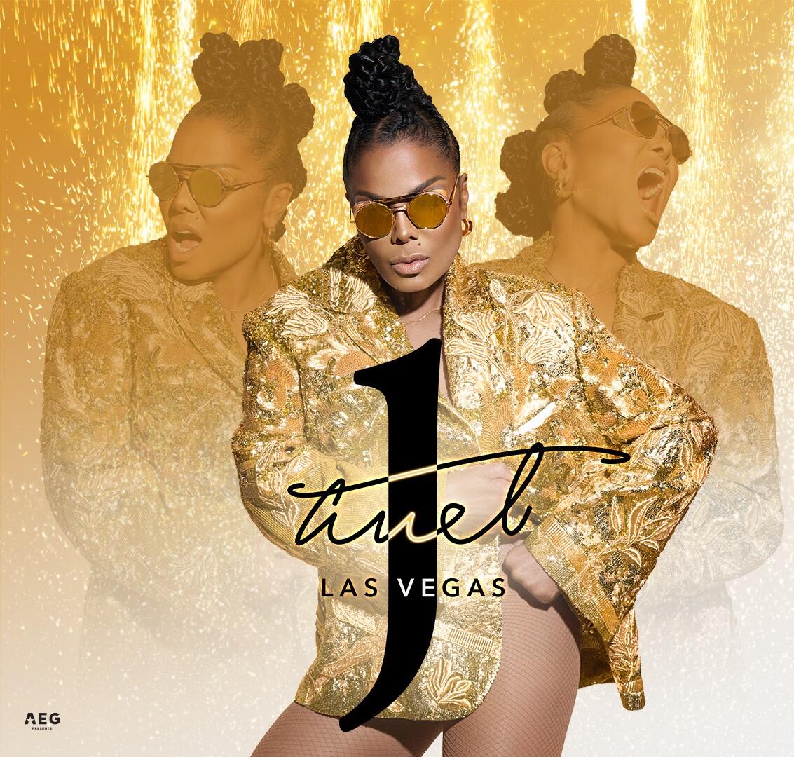 Picture of Janet Jackson with text logo of AEG bottom left corner