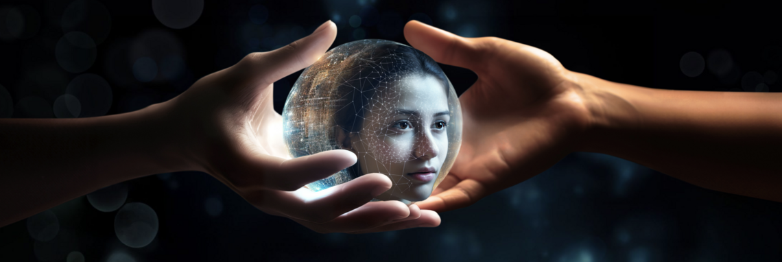stock photo showing hands holding a crystal ball with a woman's face seen inside it