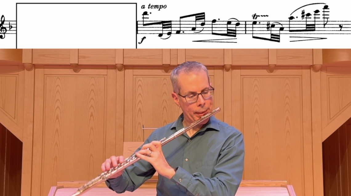 A man playing flute, above him the music notes he is playing.