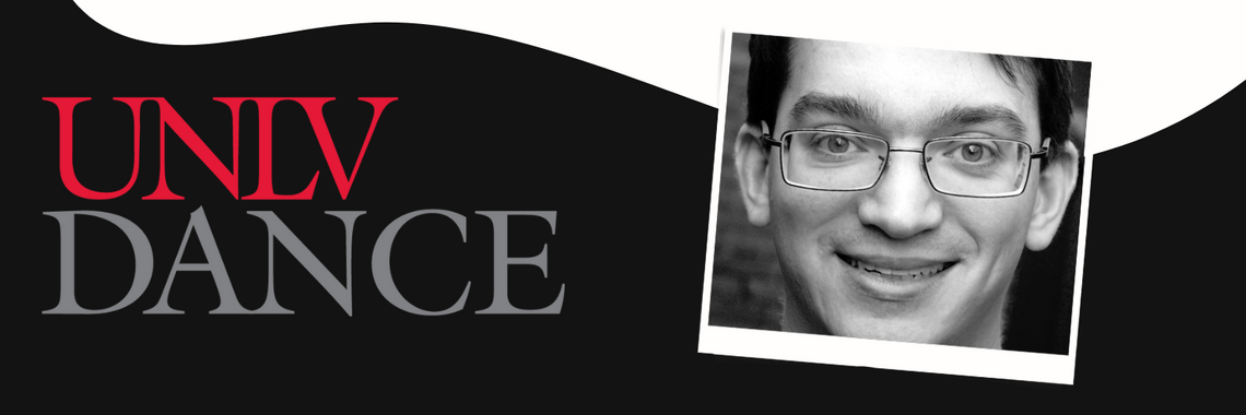 Polaroid of a bespeckled man smiling into the camera and the UNLV Dance logo