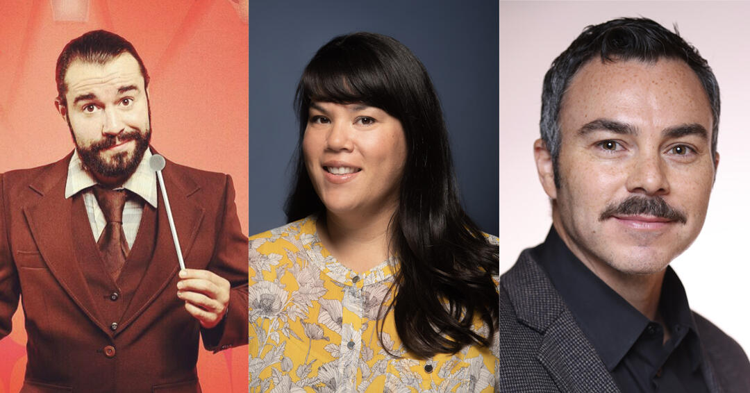 Headshots of three people lined up side by side. In the middle we have a woman in a yellow and white floral dress who smiles at the camera. To her left, a close-up of a dapper man with a neat mustache. To her right, a man in a vintage brown suit and tie wearing a wry expression and holding a thin white stick with a gray ball at the end.