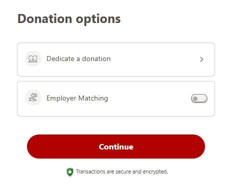 Screenshot of the donations options screen on the donor portal