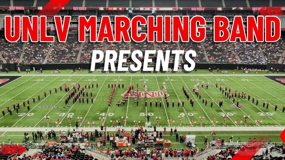 Aerial of the UNLV Marching band at a football game with text: UNLV Marching Band Presents
