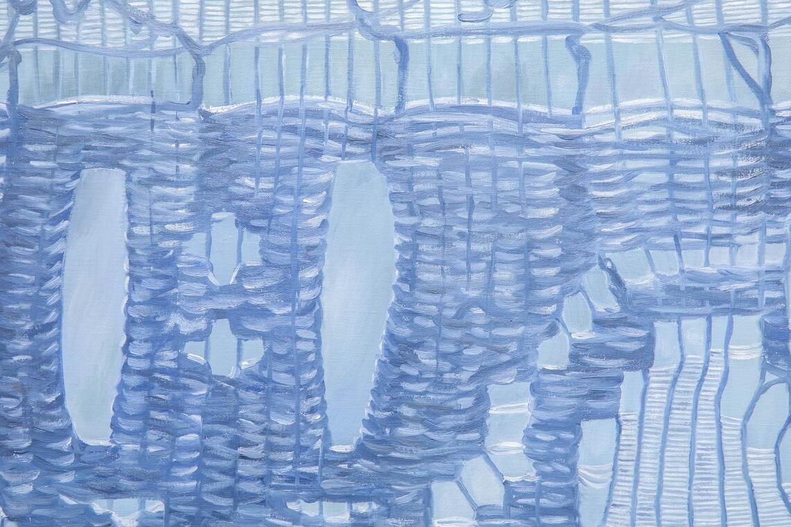 We are looking closely at a painting of a lacy cloth with a woven pattern of gaps. Singular, short horizontal brushstrokes skilfully imitate the weft of the weave passing under the warp threads.