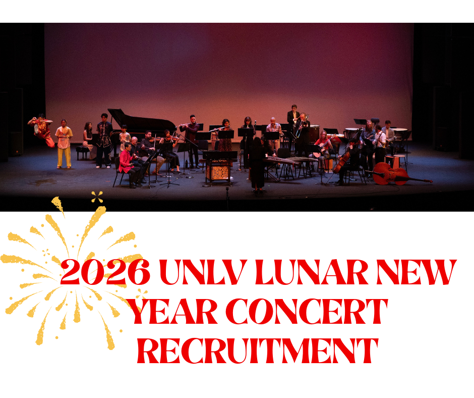 Photo of chamber musicians on stage, Text: 2026 UNLV Lunar New Year Concert Recruitment