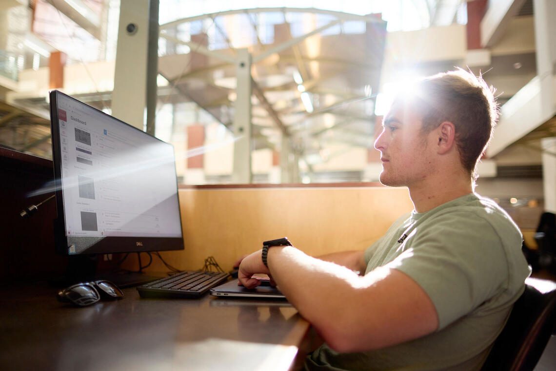 A student sitting down at a desk, looking at a computer screen