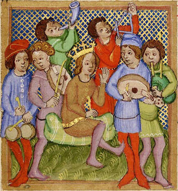 "King David and Musicians" A renaissance painting of King David surrounded by 6 musicians