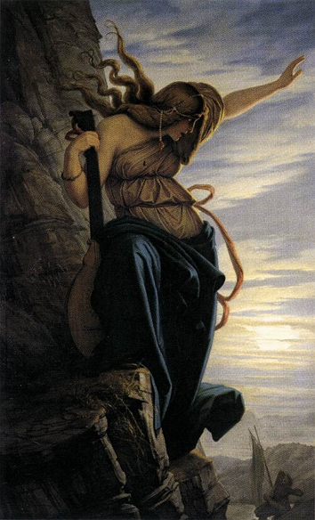 "The Lorelei" by Eduard Jakob von Steinle; a painting that displays a siren leaning against a cliff with her arm raised