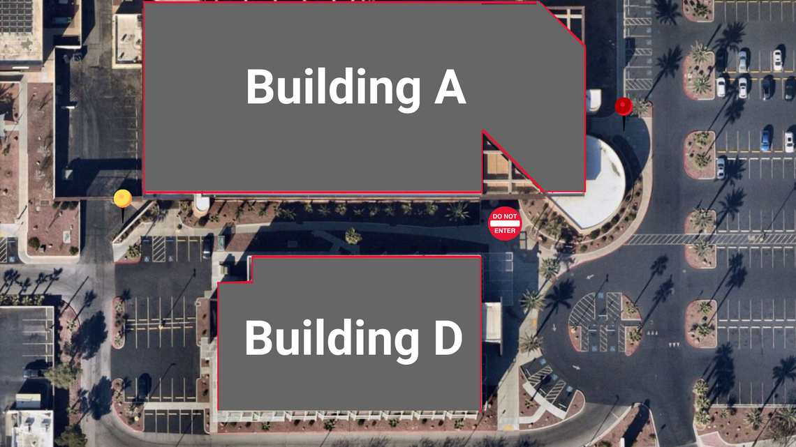 A diagram of Buildings A and D of the UNLV Shadow Lane campus. A yellow pin on the southwest side of Building A marks the temporary entrance for appointments in the screening clinic or in team 1, 2, or 3 clinics.
