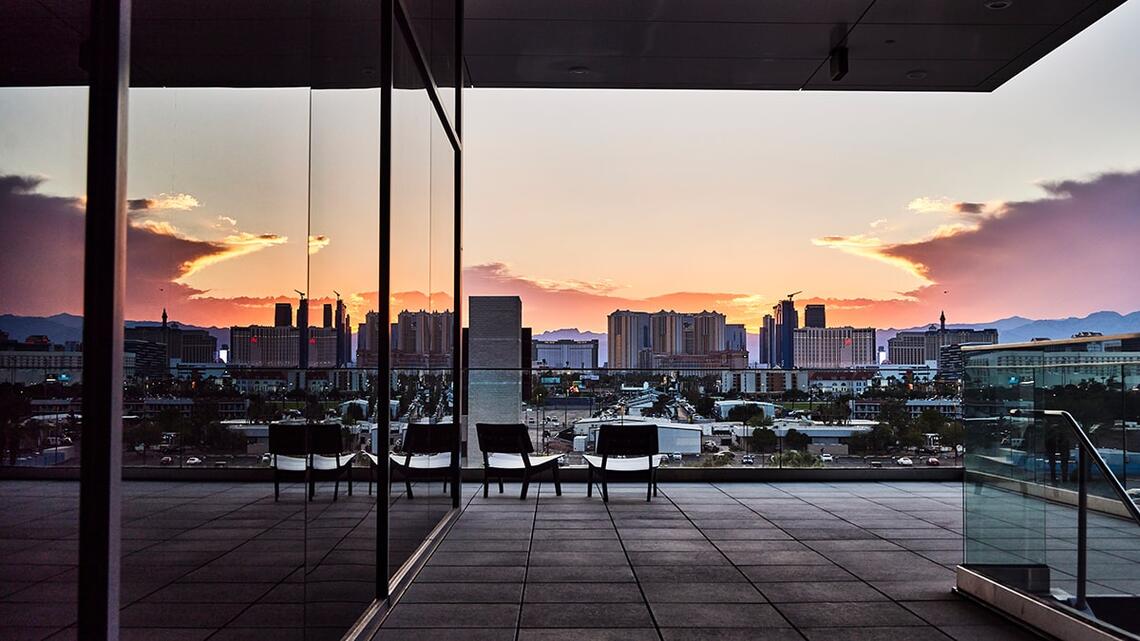 Patio overlooking the Las Vegas Strip during sunset