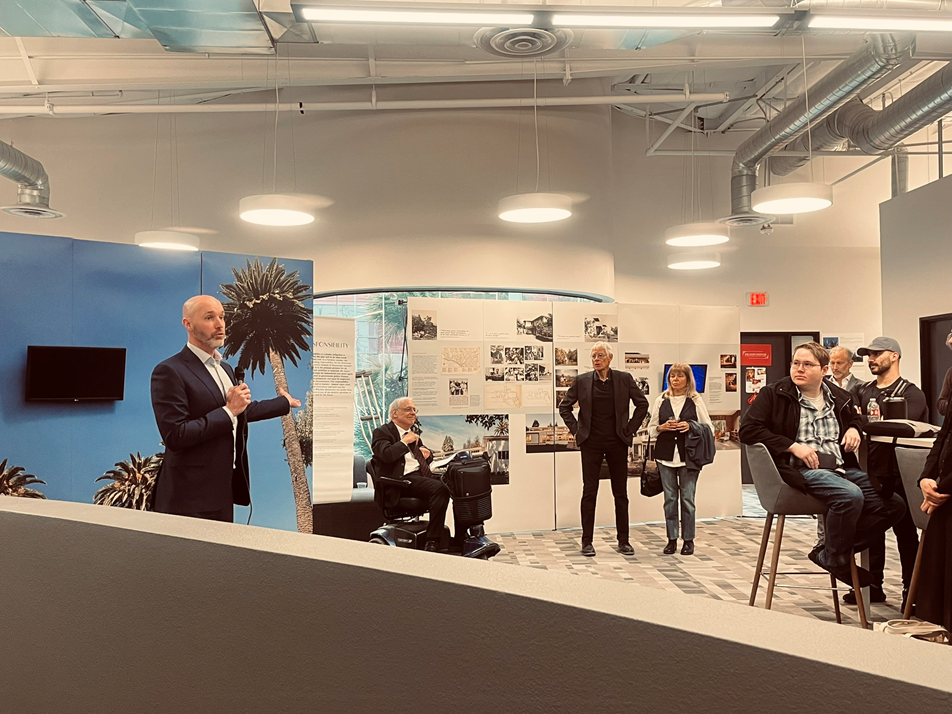 The Honorary Consul of the Republic of Germany Rayan Lower, author and professor Roberto Lovato and the chair of the Department of Political Science Dr. David Fott talked to guests at the opening reception of the Thomas Mann exhibit.