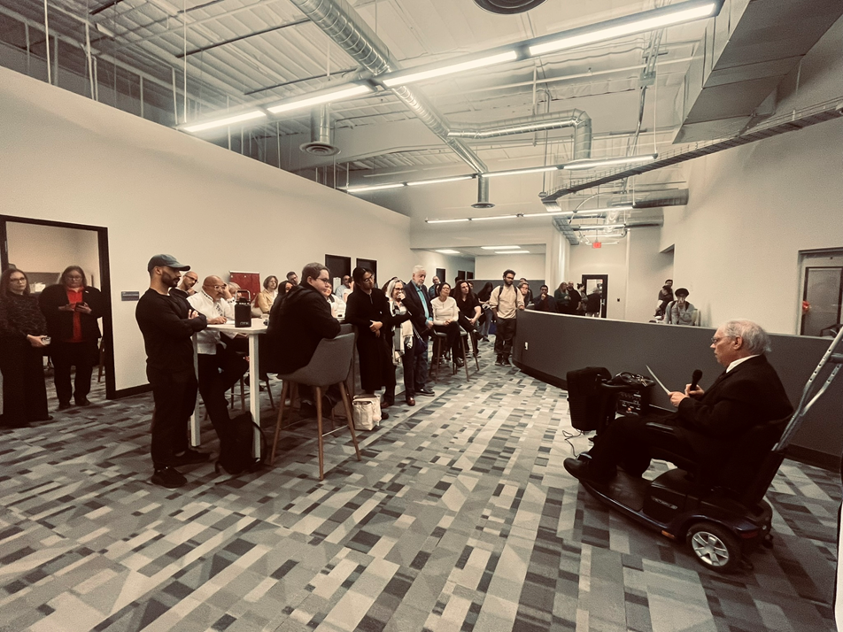 The Honorary Consul of the Republic of Germany Rayan Lower, author and professor Roberto Lovato and the chair of the Department of Political Science Dr. David Fott talked to guests at the opening reception of the Thomas Mann exhibit.