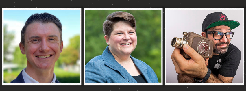 headshots of two men and one woman