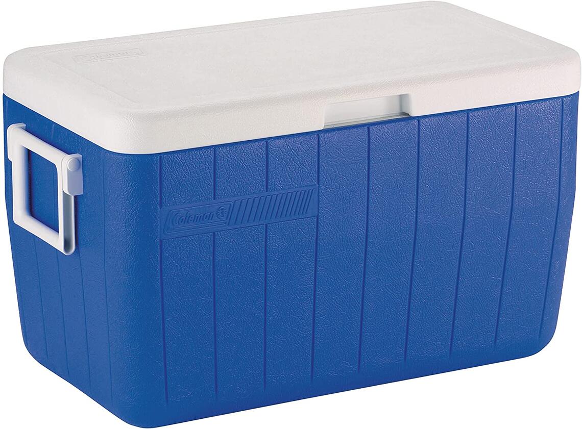 A blue cooler with a white top and handles