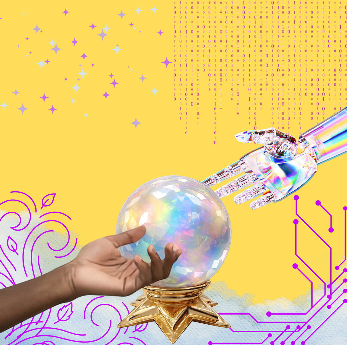 Human and robotic hands reaching toward a glowing crystal sphere against a tech‑themed background
