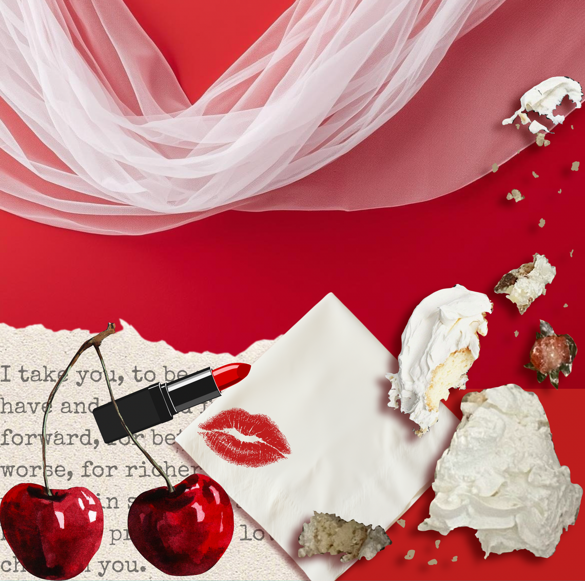 a lipstick and cherries on a surface full of ripped paper 