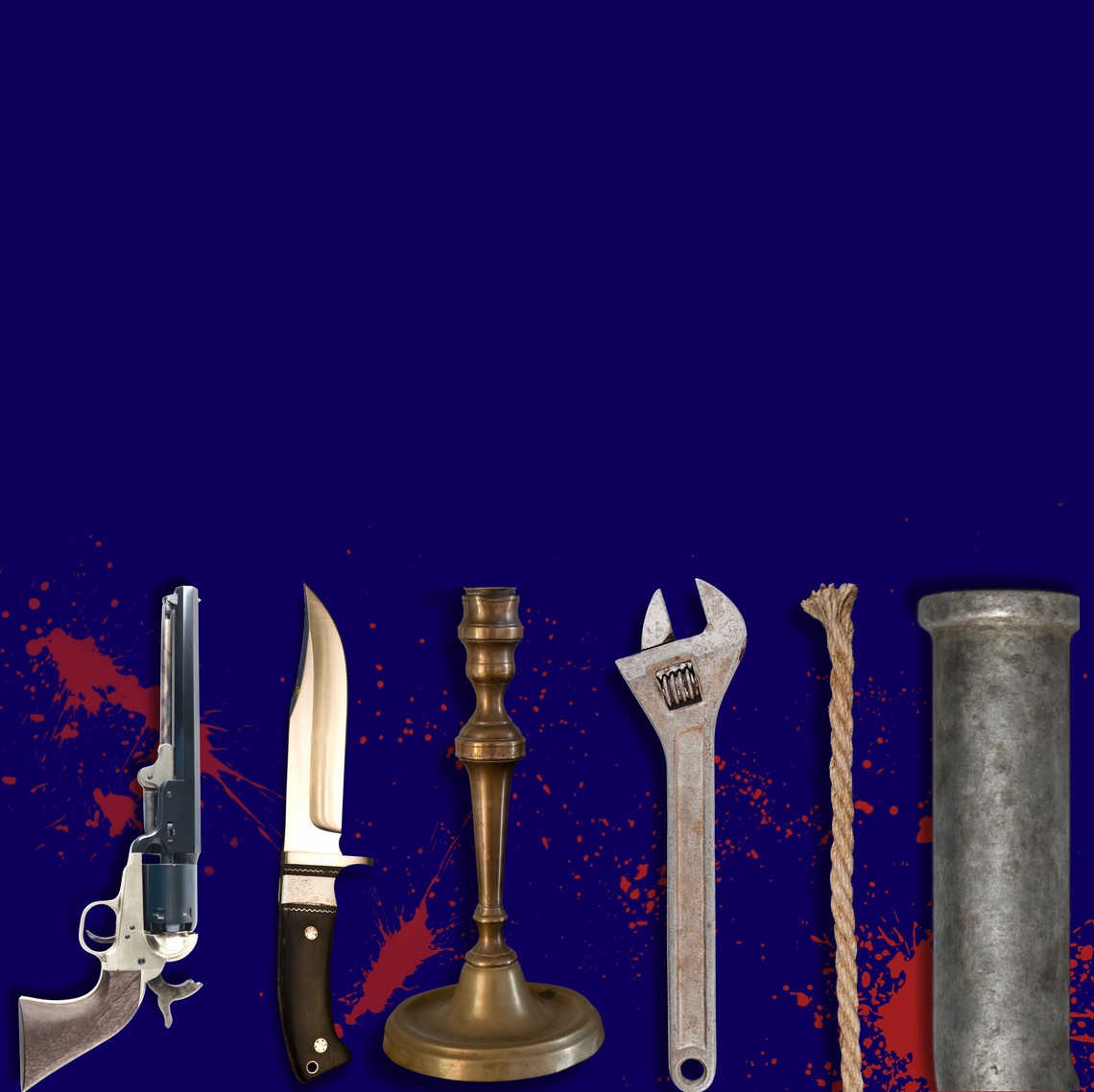 A line up of different tools on a black backgrouns with red splatters