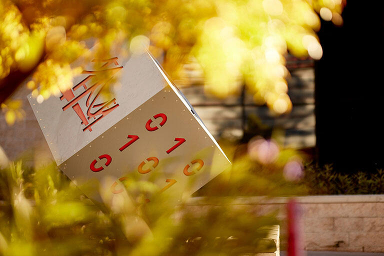 The Cube in the courtyard of the Thomas T. Beam Engineering Complex photographed through yellow leaves.
