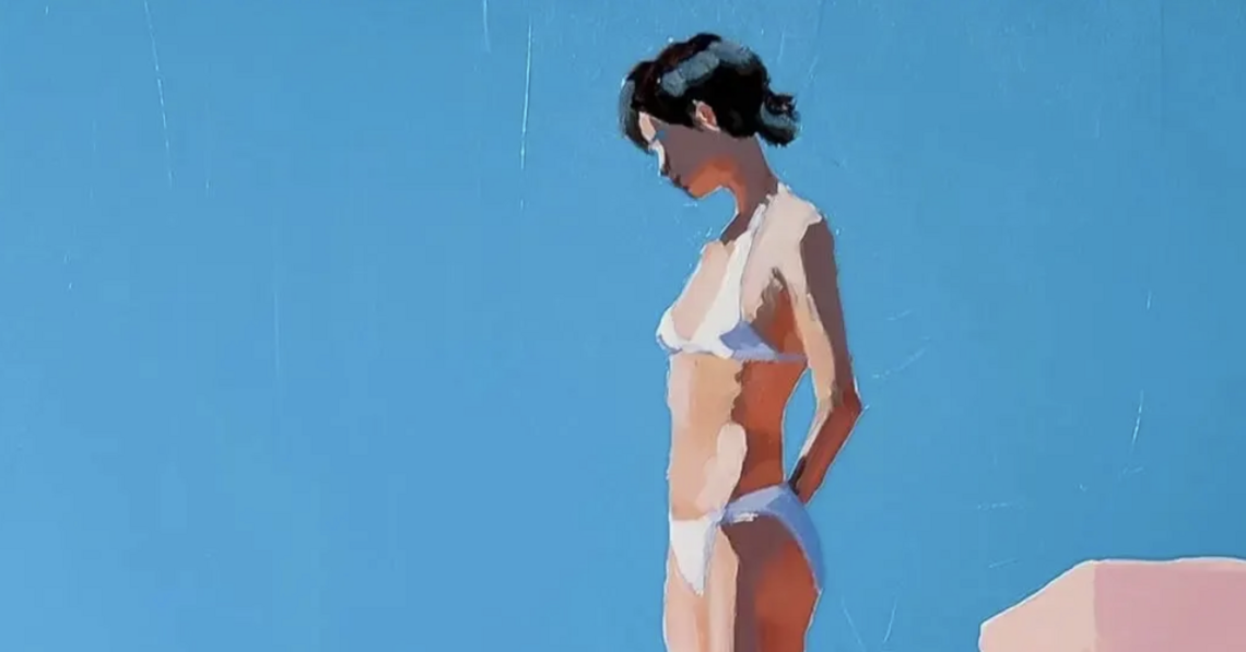 Painting of a dark haired woman in a bathing suit