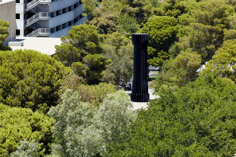 Photo of the Flashlight sculpture in front of the Judy Bayley Theatre and Artemus W. Ham Concert Hall