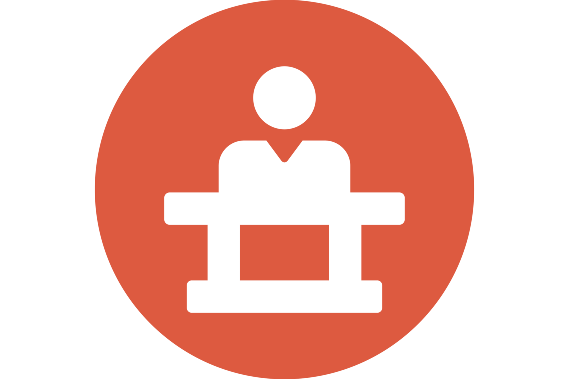 Logo of a professor at a desc with their laptop.