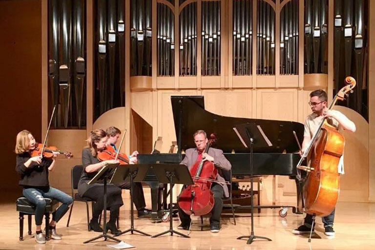 Group of string instrument players performing