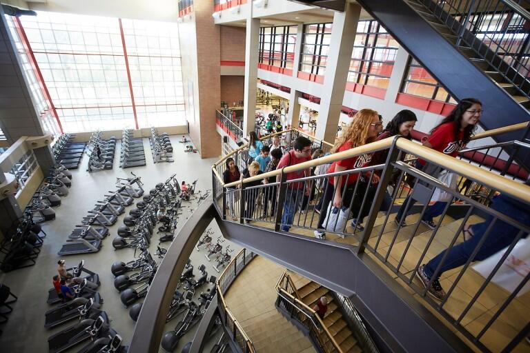 Students walking up to stairs