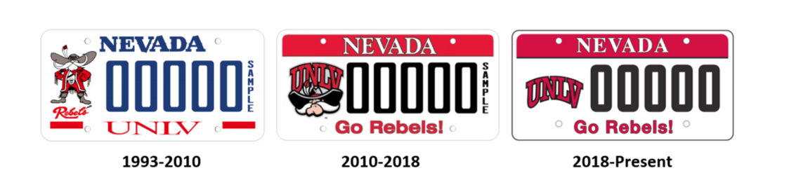 UNLV license plates throughout the years are displayed in this image