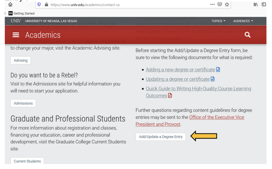 Arrow pointing to Add/Update a Degree Entry button on bottom right of page