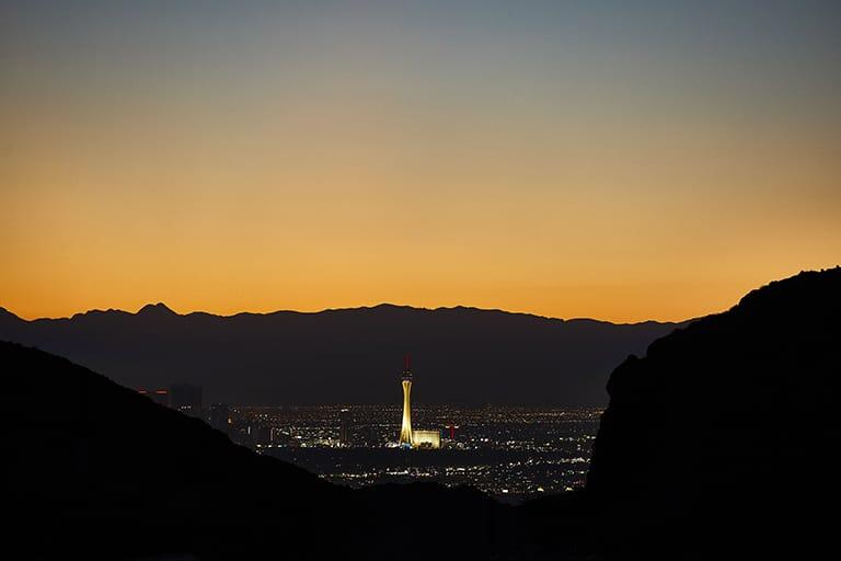 Stratosphere hotel illuminated at dusk