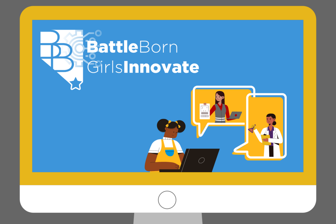 Illustrated image of a desktop computer with the Battle Born Girls Innovate logo in the top left corner and a girl studying on a laptop in the bottom right-hand corner