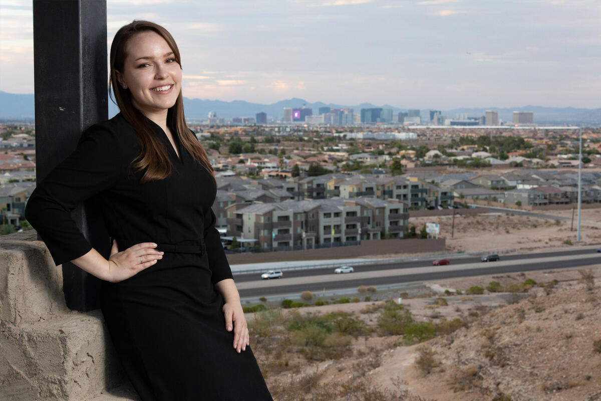 A woman stands overlooking the Las Vegas Strip