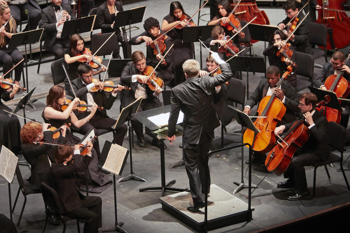 A conductor leads an orchestra.