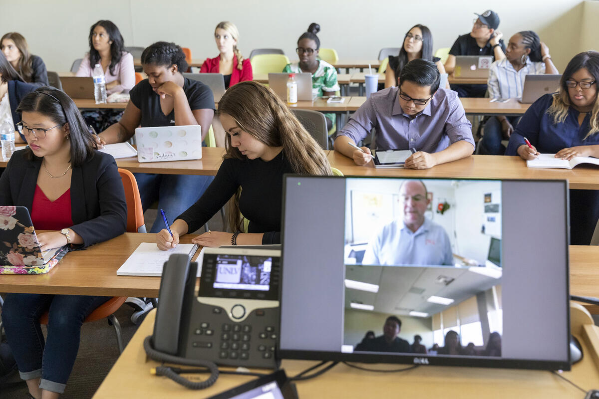 Jim Mikula on video chat with a class