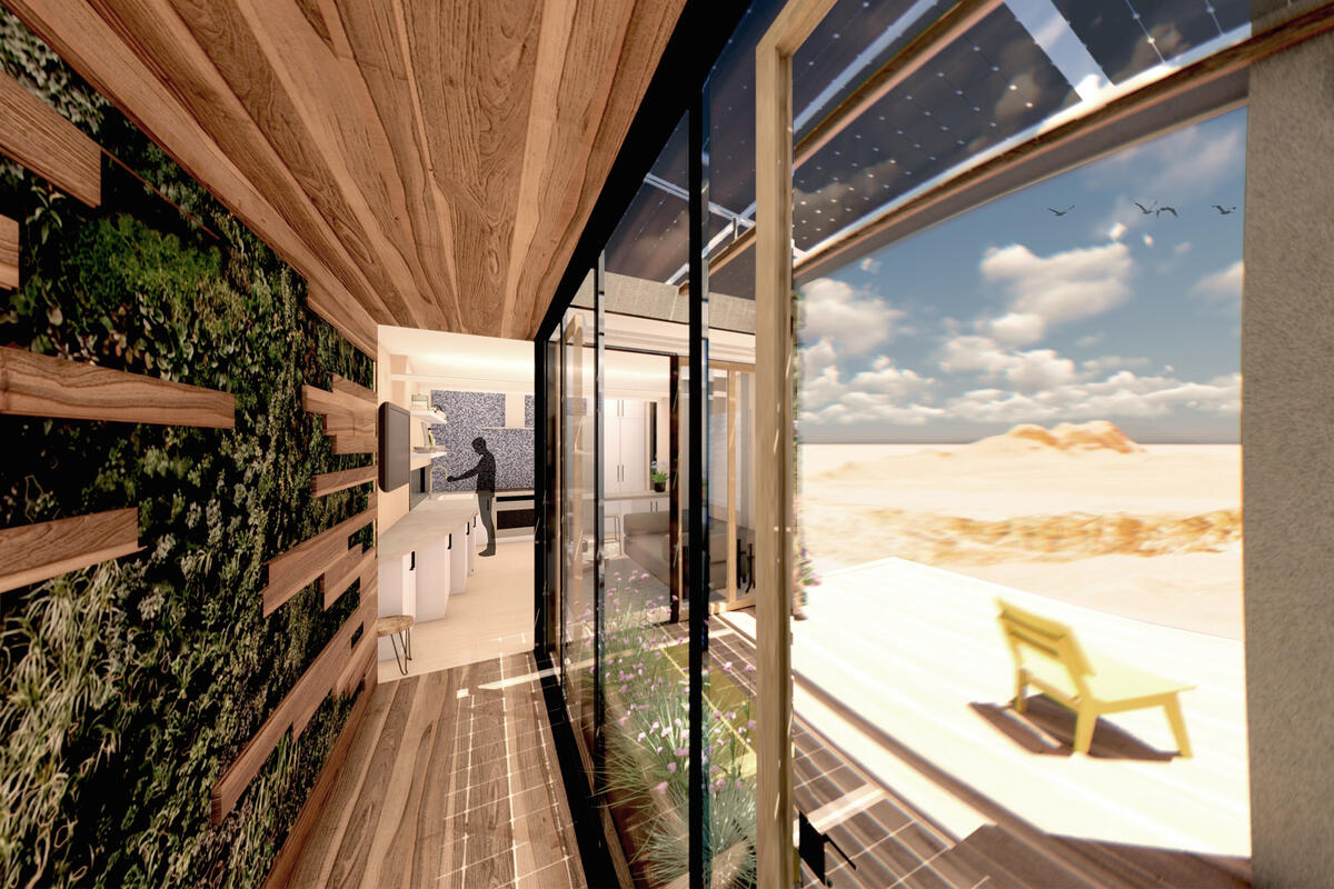 A glass exterior wall faces a wood-lined hallway opposite an interior wall covered in plant life.