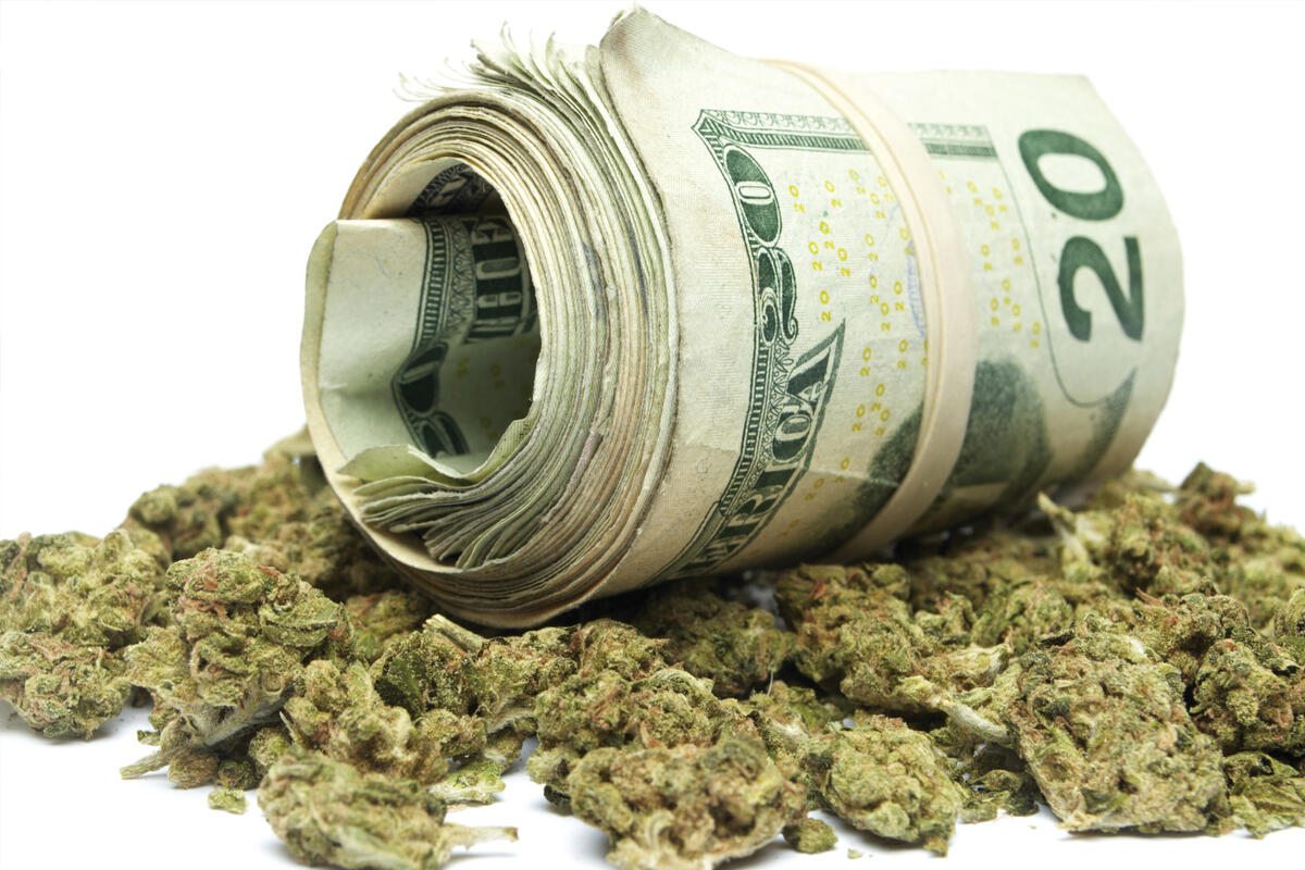 A roll of $20 bills sits on top of a pile of marijuana