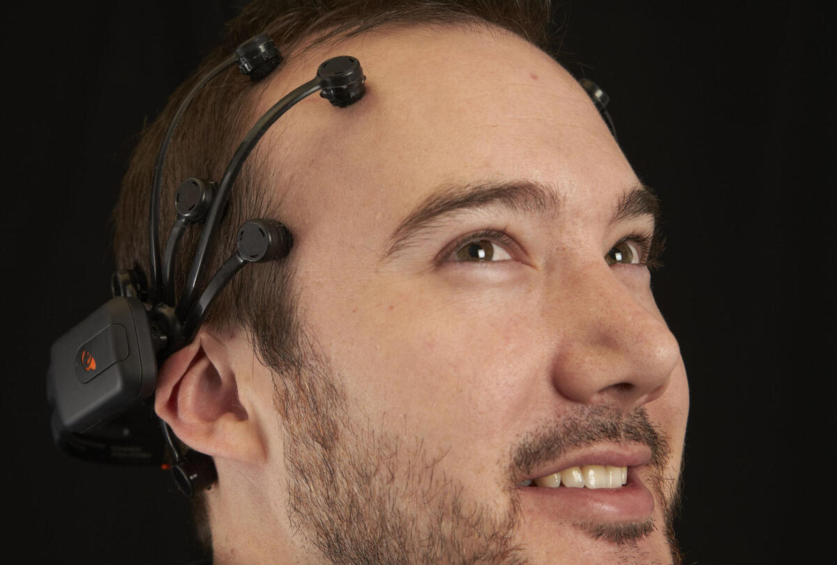 upclose shot of man with sensors on his head