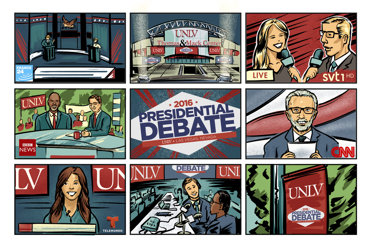 an illustration of televisions around the world tuned to UNLV