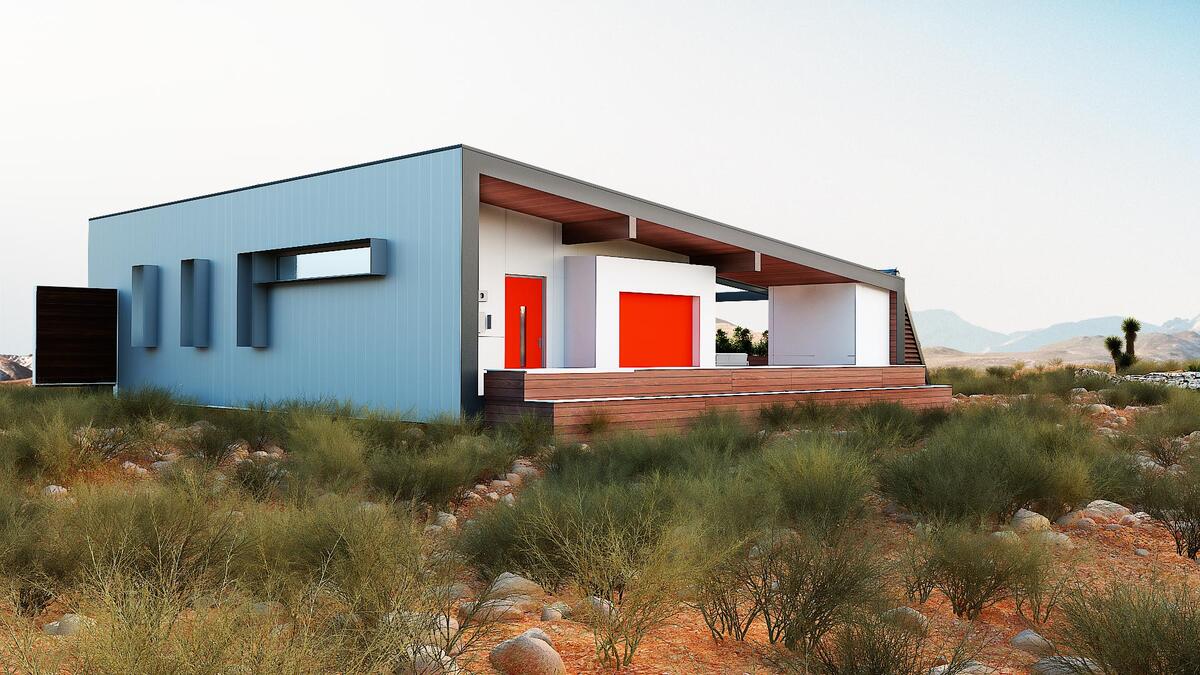 A self-sufficient home sits in the desert.