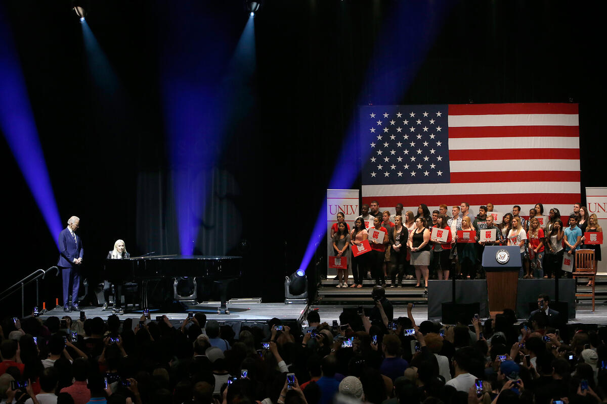 Vice President Joe Biden and singer Lady Gaga brought the It's On Us campaign to a full crowd at the Thomas &amp; Mack Center's Cox Pavilion on April 7, 2016. Hundreds of students took the pledge to help bring an end to sexual assault on college campuses.