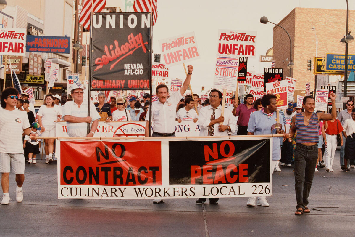 workers at protest rally