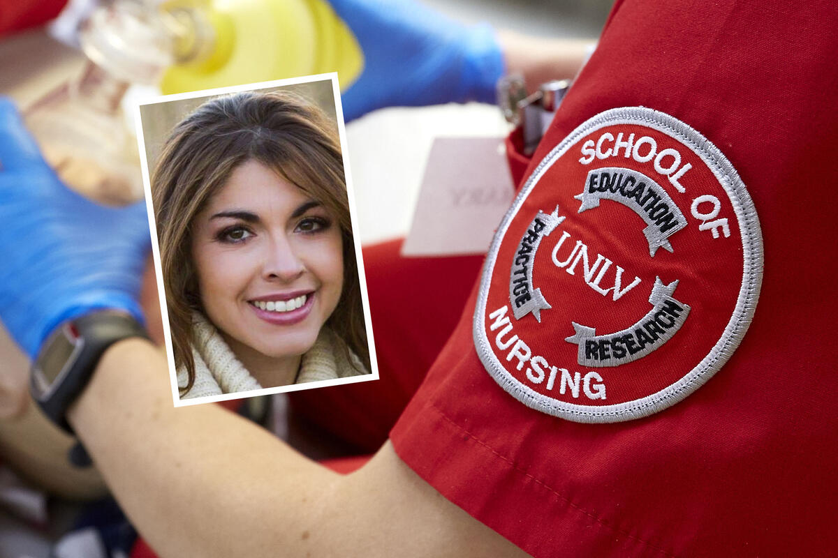 portrait of woman overlaid on image of nurse working