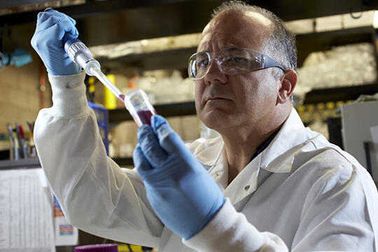 UNLV chemist Ernesto Abel-Santos is developing a compound using lab equipment