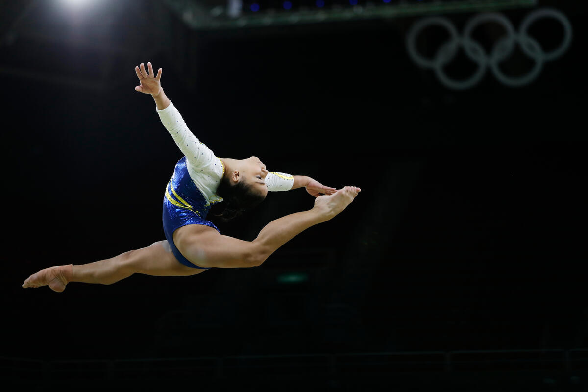 Flavia Saraiva partakes in artistic gymnastics at the Rio 2016 Summer Olympics.