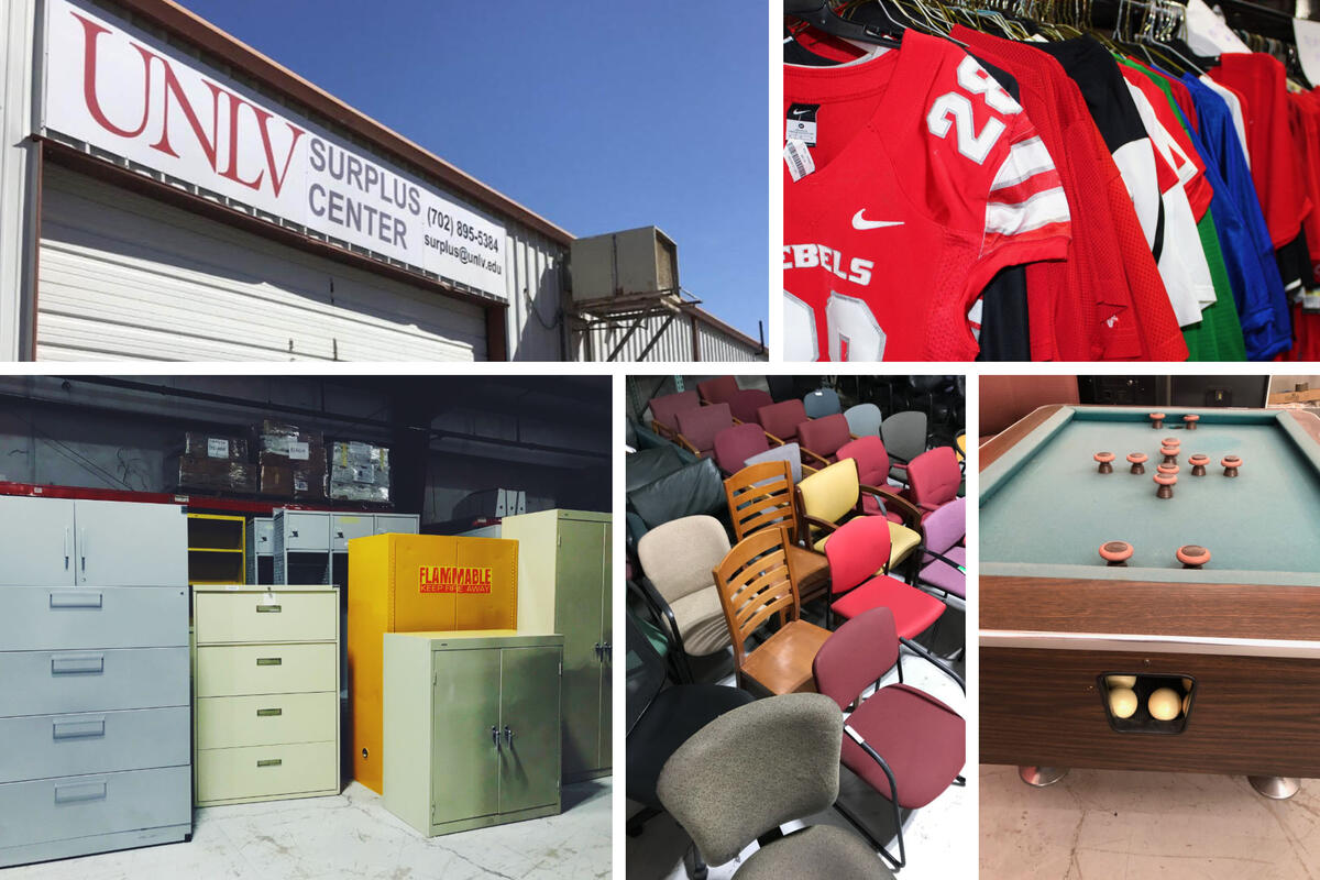 images showing surplus center sign, jerseys, chairs, pool table and filing cabinets