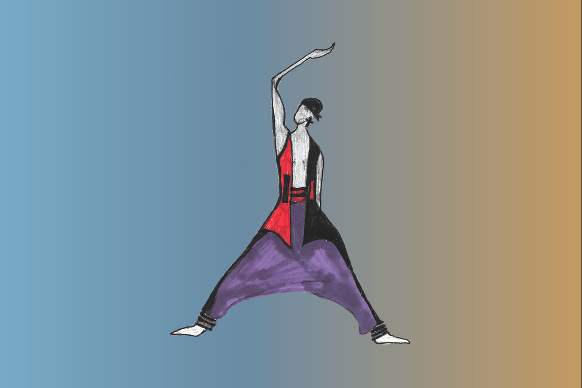 In this image of a drawing, a male dancer in a hip-hop dance costume gestures upward.