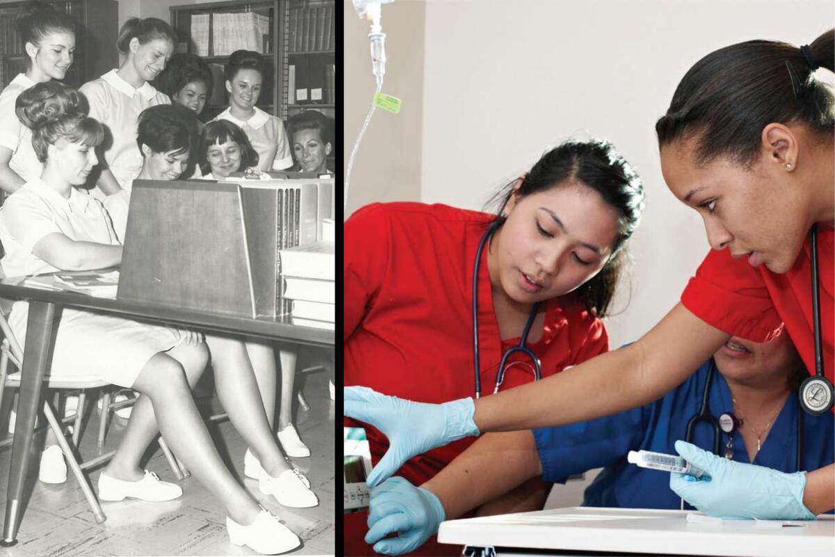 Split photo with vintage photo of nurses on the left, modern nurses on the right