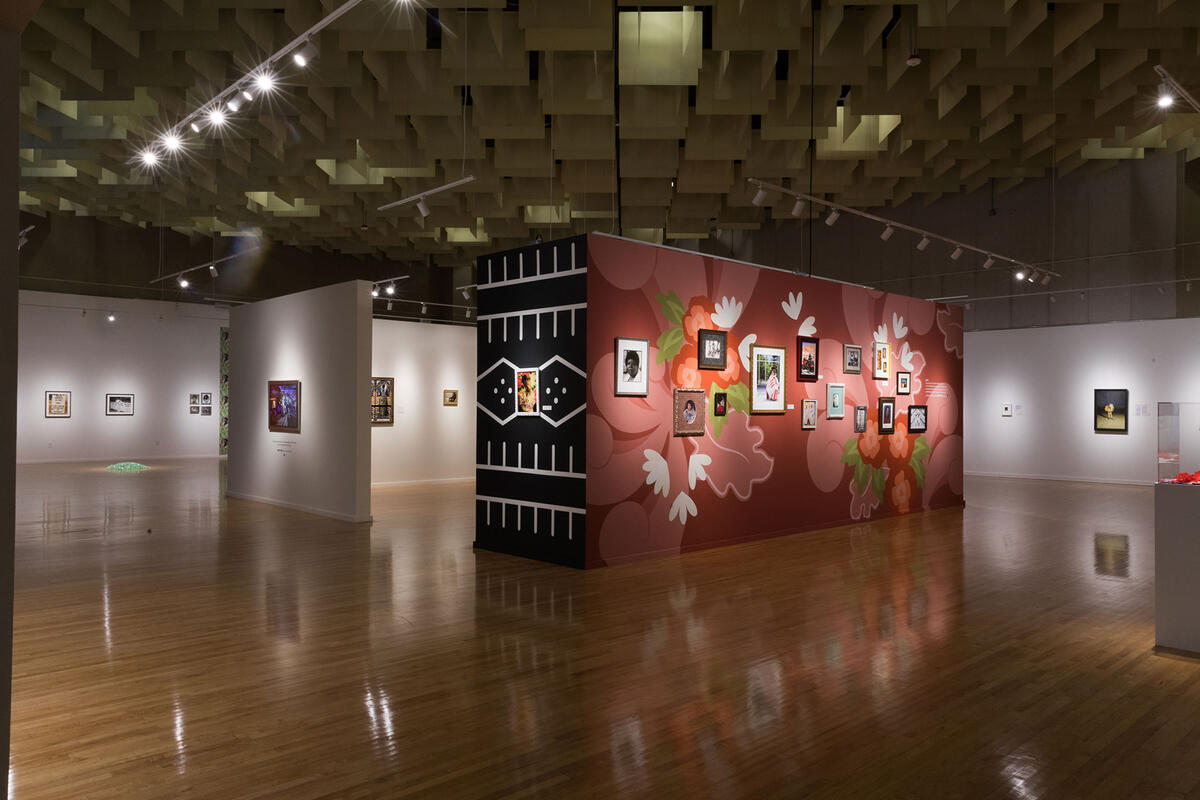 Gallery interior with exhibits on display