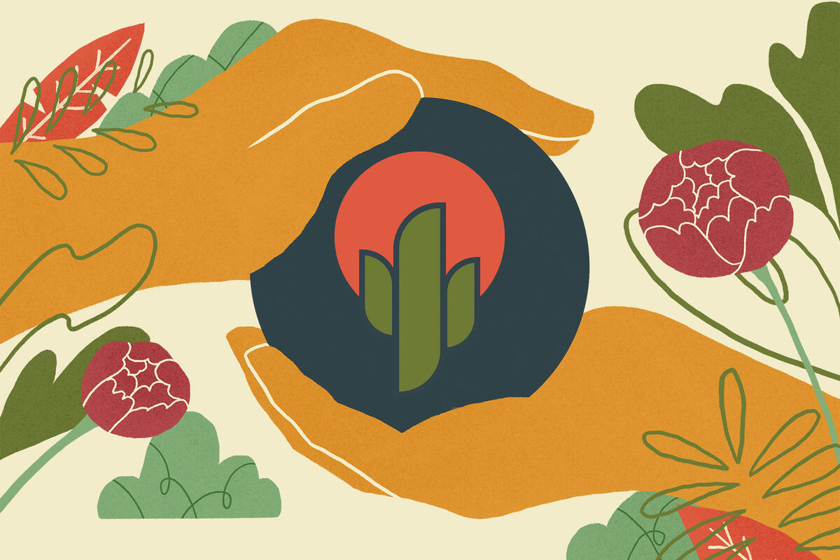 Artwork Care Center logo of two hands holding a symbol of a Cactus with an orange sun and flowers in the background.